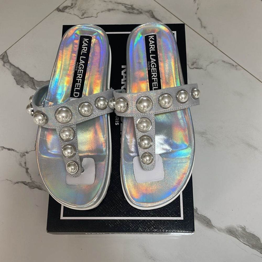 Women's Iridescent T-strap Pearl-Embellished Sandals
